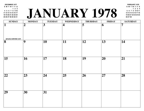 JANUARY 1978 CALENDAR OF THE MONTH: FREE PRINTABLE JANUARY CALENDAR OF ...