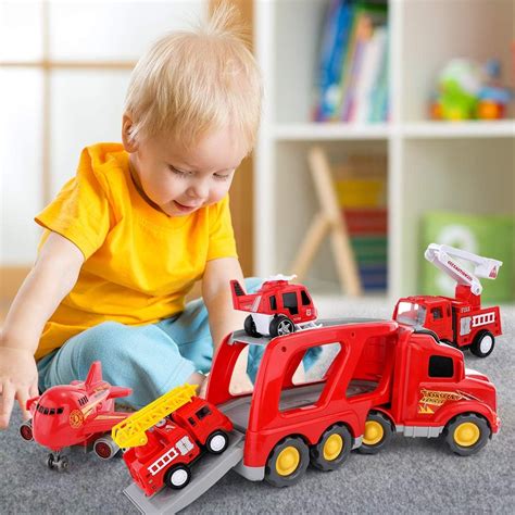 TEMI Fire Truck Engine Vehicle Toy Set, 5-in-1 Friction Power Carrier ...