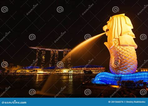 Night View of Singapore Merlion at Marina Bay and Marina Bay San Editorial Photo - Image of ...