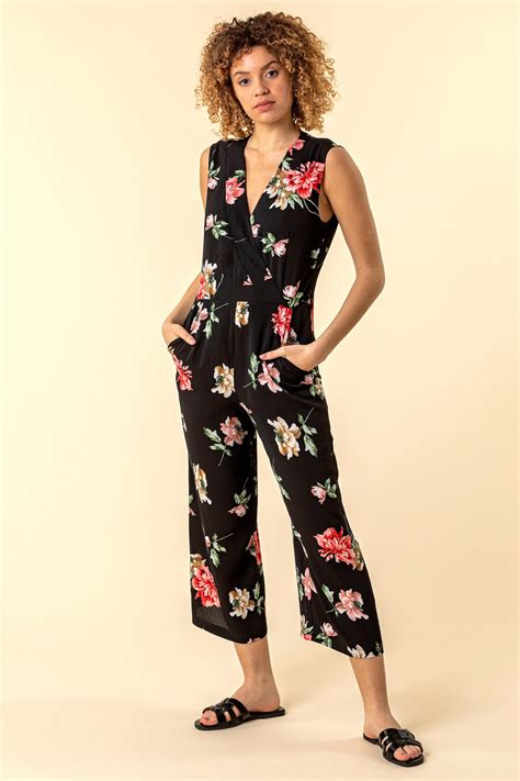 Wrap Front Floral Print Jumpsuit in Black - Roman Originals UK