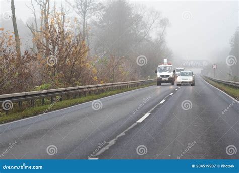 Legionowo, Poland - October 24, 2021: Fog on the Road. Autumn Weather and Difficult Road ...