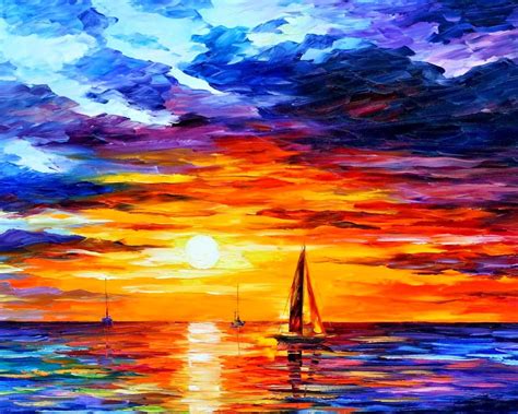 Painting of multicolored sailboat on body of water during sunset, Leonid Afremov, painting ...