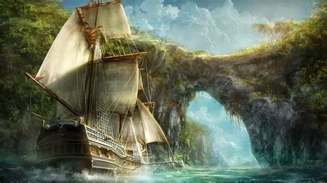 White and brown sailing boat painting, fantasy art, ship, nature ...