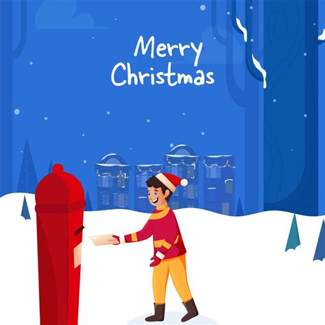 Merry Christmas Poster Design With Young Boy Putting Letter In Postbox And Buildings On Blue ...