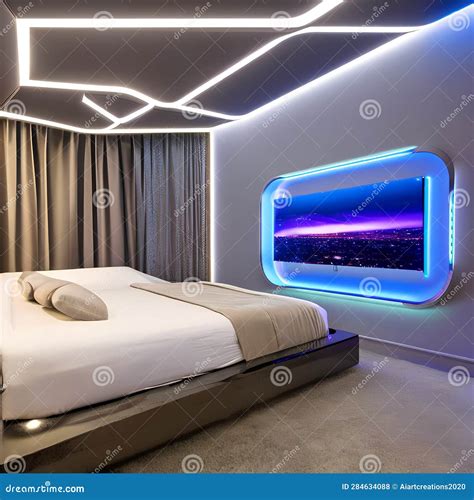 A Futuristic Bedroom with a Floating Bed, LED Accent Lighting, and a Holographic Projection ...