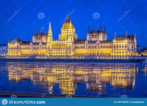 Hungarian Parliament with Reflection in Danube River at Night, Hungary ...