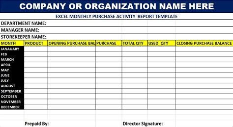 Excel Monthly Purchase Activity Report Template - Free Report Templates