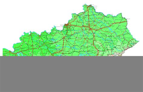 Laminated Map - Large detailed elevation map of Kentucky state with roads, highways and cities ...