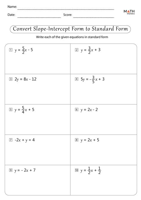 Slope Intercept Form Worksheets with Answer Key