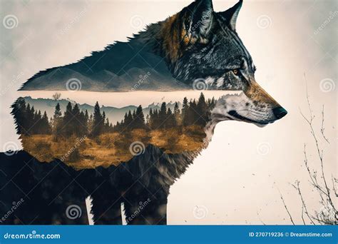 Lone Wolf on Wondrous Double Exposure Natural Background of Autumnal Forest. Stock Illustration ...