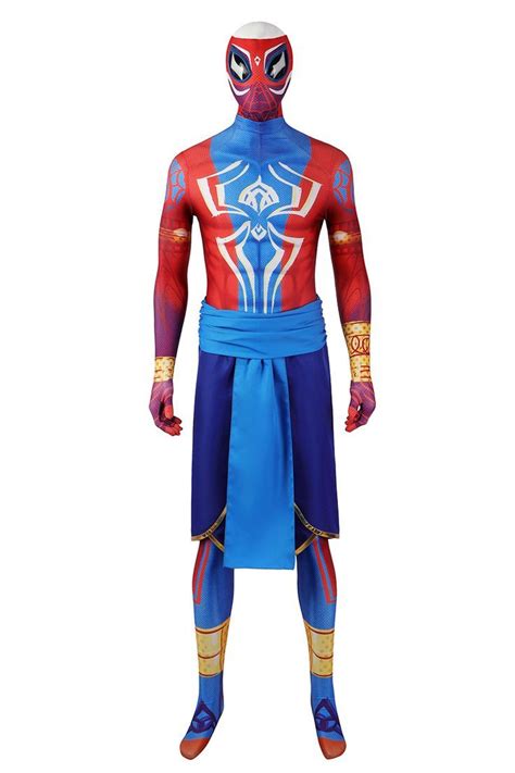 a man in a blue and red costume standing with his hands on his hipss