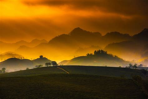 backlit, clouds, country, countryside, dawn, dusk, evening, field, fields, foggy, hazy, hills ...