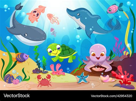 Underwater ocean life with cute sea animals Vector Image