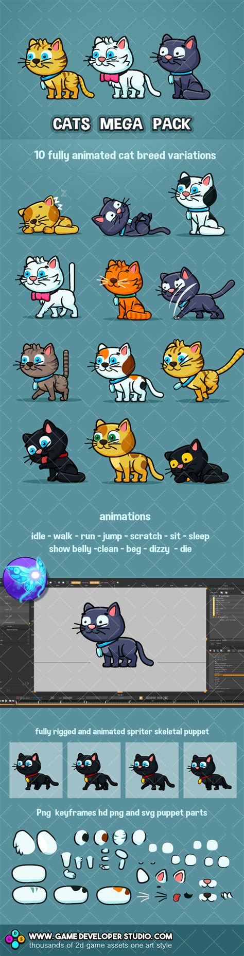 animated cat game character pack