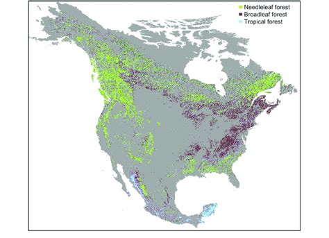 The distribution of major forest types across North America. Data ...