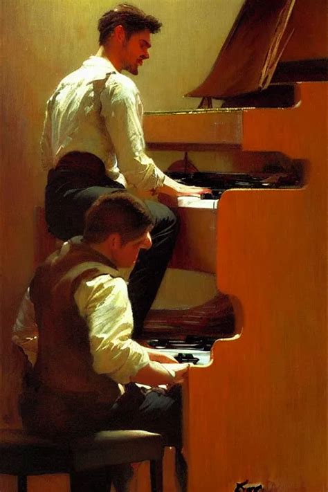 attractive man playing piano, painting by gaston | Stable Diffusion