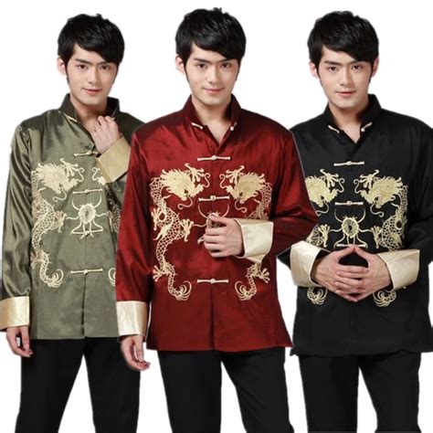 Chinese Men's Blouse Tang Suit Embroidery Print Dragon Traditional Culture Chinese Style New ...