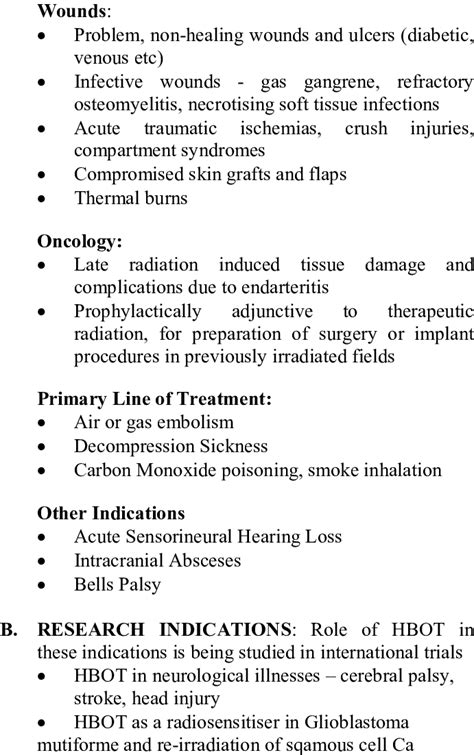 Indications for Hyperbaric Oxygen Therapy A. UNIVERSALLY ACCEPTED ...