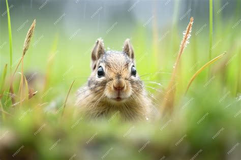 Premium AI Image | Dewcovered grass at burrow entrance with chipmunk inside