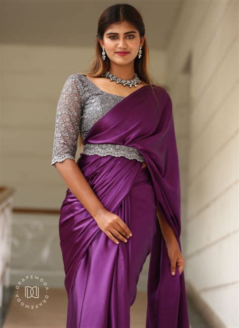 Dark Purple Satin Saree with silver designer blouse and belt - DRAPEMODA