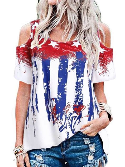 LAPA Womens American Flag Round Neck Cold Shoulder Tops Basic Short Sleeve T Shirts - Walmart.com