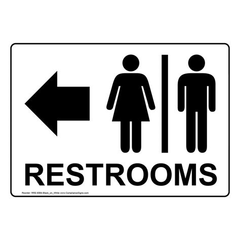 White Restrooms [Left Arrow] Sign With Symbol RRE-6984-Black_on_White