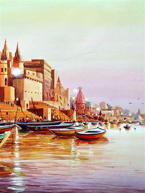 Early Morning at Varanasi Ghat | Painting by Samiran Sarkar | Exotic India Art