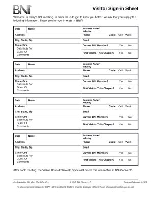 Visitor Sign-in Sheet - Active Business Connections BNI Doc Template ...