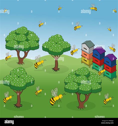Orchard the hard working bees hives Stock Vector Image & Art - Alamy