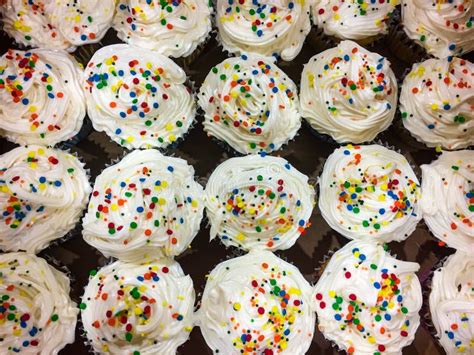 White Cupcakes with Rainbow Colored Sprinkles Stock Image - Image of white, sprinkles: 150923701