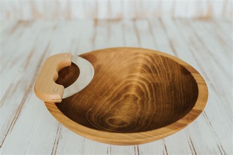 12 inch Beech Wood Chopping Bowl & Mezzaluna Knife Set with Light ...