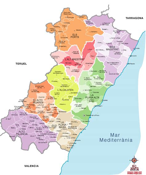 Municipios Castellón provincia, mapas vectoriales ,eps,illustrator