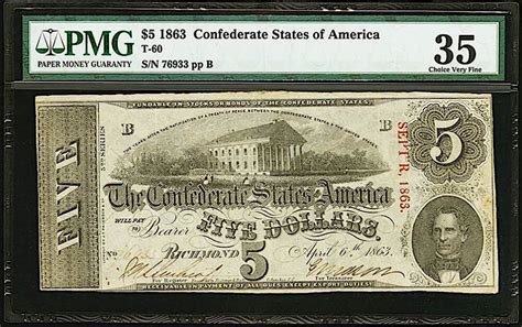 1863 $5 Five Dollar Confederate States of America Richmond CSA Bank ...