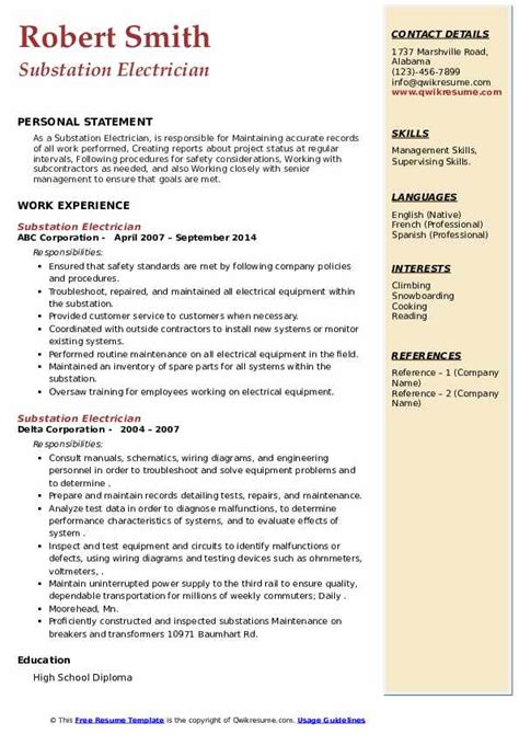 Substation Electrician Resume Samples | QwikResume