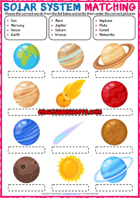 Solar System ESL Vocabulary Matching Exercise Worksheet