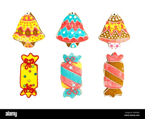 various gingerbread cookies on white background - bell and candy shapes Stock Photo - Alamy