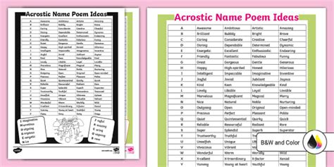 Word List for Acrostic Name Poems (l'insegnante ha fatto)