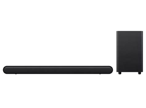 the soundbar is black and has two speakers