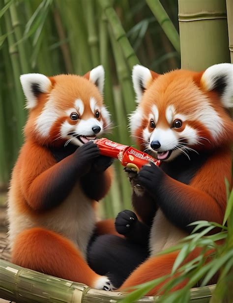 Premium AI Image | Cute Red Pandas Sharing Bamboo Snack