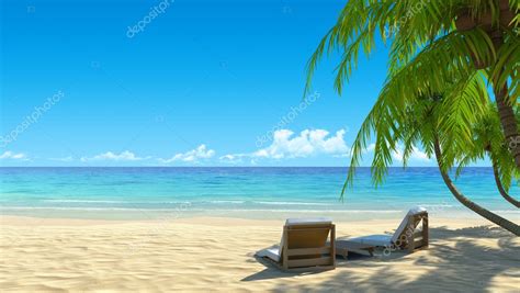 Two beach chairs on idyllic tropical white sand beach. Shadow from the ...