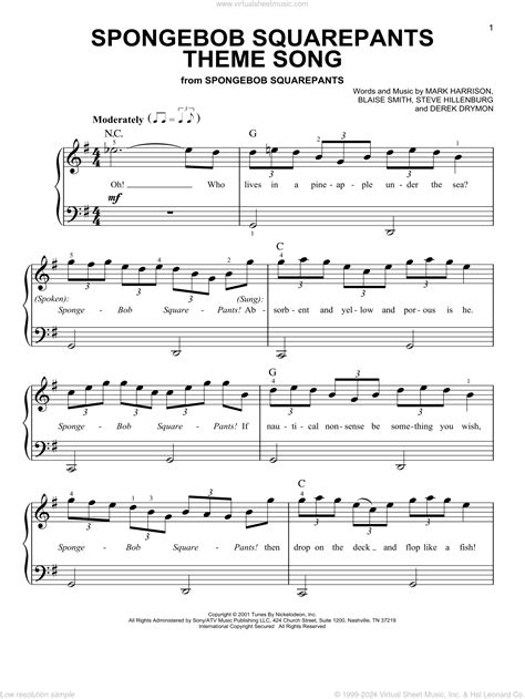 SpongeBob SquarePants Theme Song sheet music for piano solo (PDF)