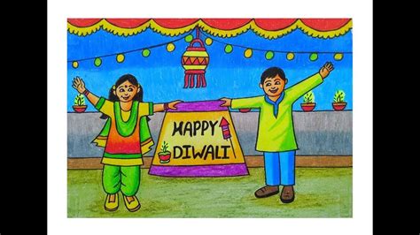 HOW TO DRAW DEEPAVALI CELEBRATION DRAWING| INDIAN FESTIVAL MEMORY DRAWING| DIWALI DRAWING EASY ...