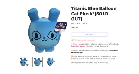 Roblox Pet Simulator X Titanic Blue Balloon Cat Plush