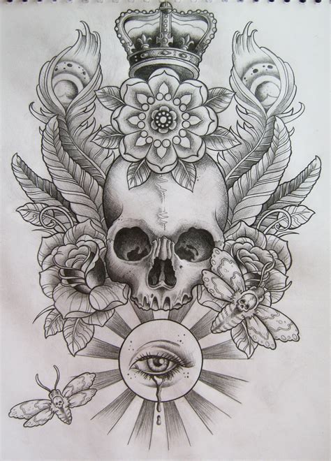 beautiful skull tattoo pencil sketch with soft shading, king crown hat, big rose flower ...