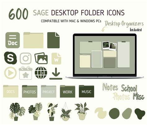 600 Sage Desktop Icons, Desktop Organizer Bundle Botanical Folder Icons ...