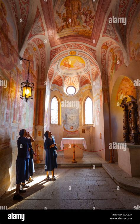 Interior of the 16th century Bled Castle Chapel with illusionist frescoes, Bled Castle, Lake ...