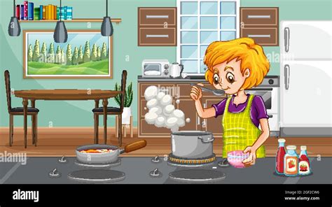 A happy woman cooking in the kitchen scene illustration Stock Vector ...