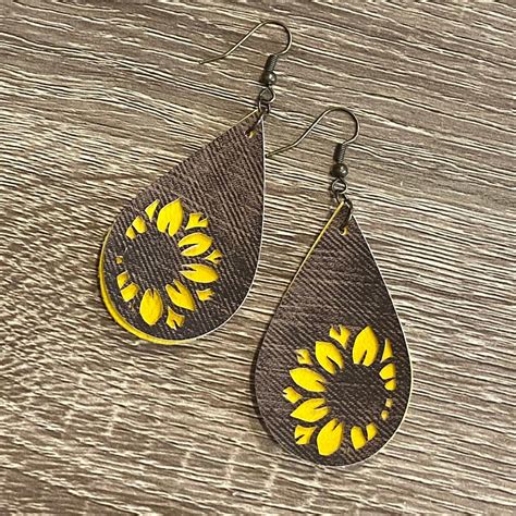 Faux Leather Earrings Sunflower Earrings Yellow and Brown | Etsy