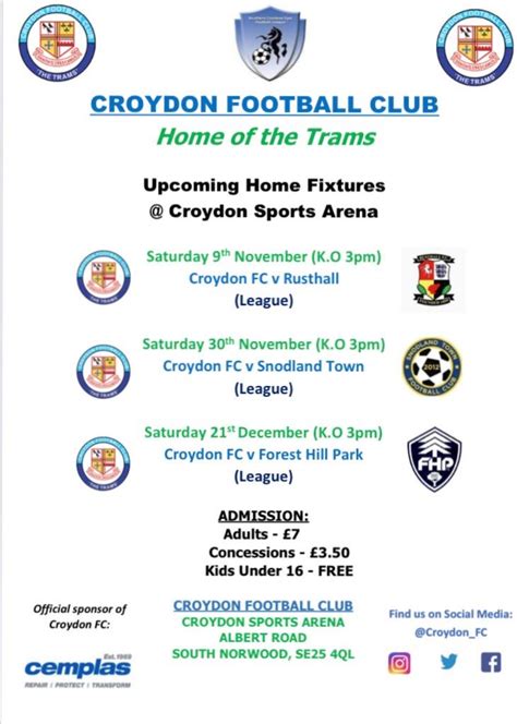 Croydon FC upcoming fixtures, Croydon Arena, Nov 9-Dec 21 | Inside Croydon