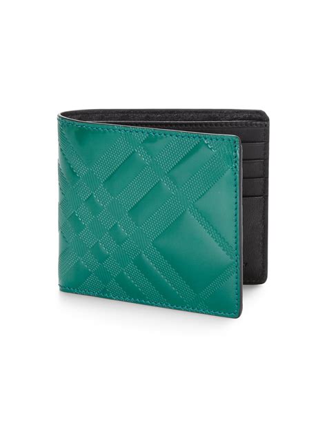 Burberry Leather Check Wallet in Green for Men | Lyst